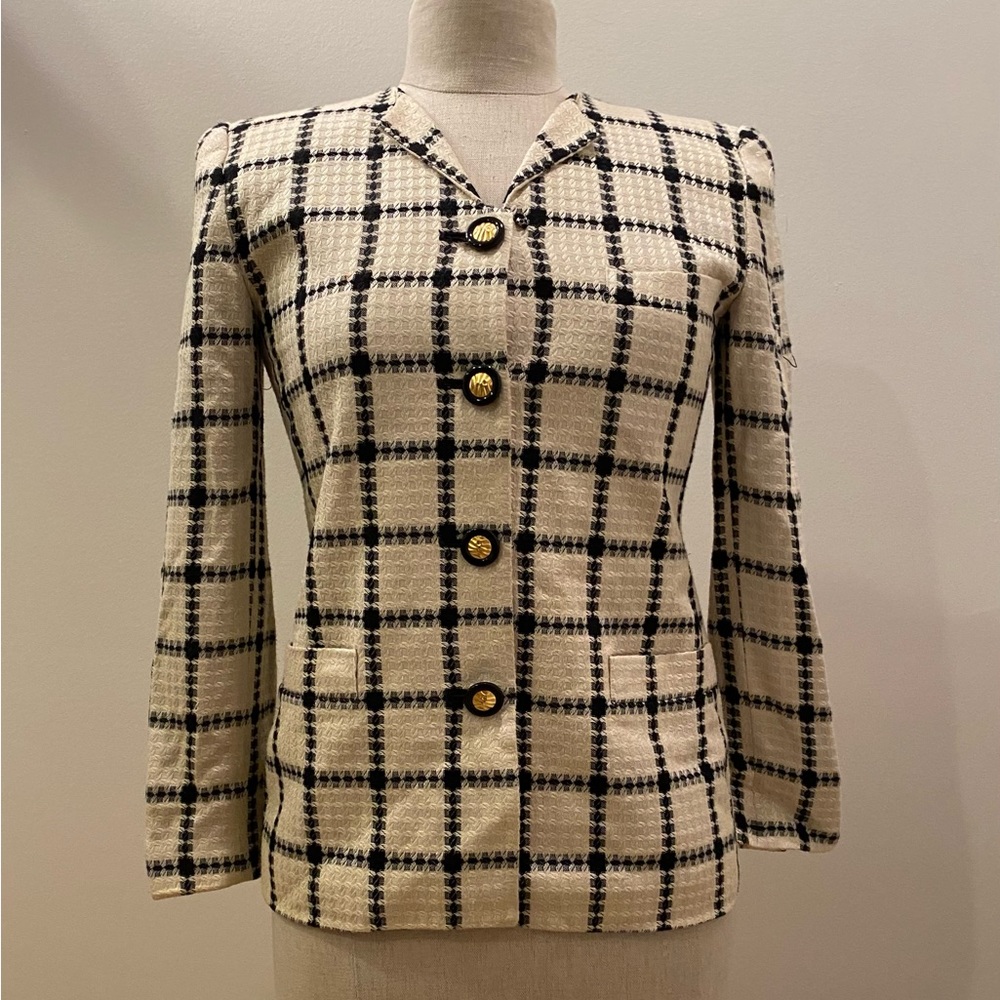 Casual Corner Womens Vintage Blazer Off White/Black Plaid /Gold Buttons/Size 2 P - Picture 13 of 13